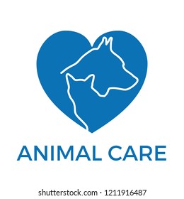 Vector logo to love and to care dog and cat. Silhouette of animals inside a heart