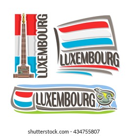 Vector logo Luxembourg, 3 isolated illustrations: statue of golden lady on background of national state flag, luxembourgish symbol and flag Grand Duchy of Luxembourg beside goldcrest kinglet close-up