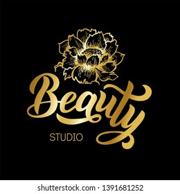 Vector logo for luxury beauty studio, spa centre, cosmetic.  Simple logotype template with Pion. hand written gold Lettering.