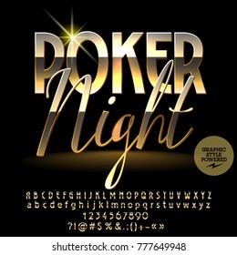 Vector logo Luxury Poker Night. Chic Golden Alphabet Letters, Numbers and Punctuation Symbols. Elite Font with Graphic style