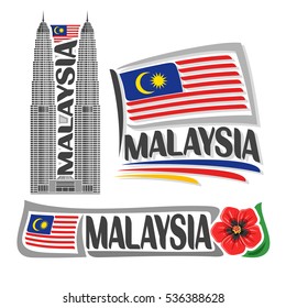 Vector logo Malaysia, 3 isolated images: vertical banner skyline petronas twin towers on malaysian national state flag, symbol of malaysia red hibiscus flower, set malay ensign flags jalur gemilang.