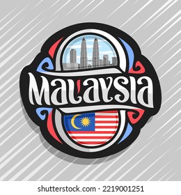 Logo de vectores para el país de Malasia, imán de refrigerador con bandera del estado malayo, tipo de cepillo original para la palabra malasia y símbolo nacional malayo - Torres gemelas Petronas con fondo azul de cielo nublado