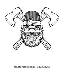 Vector logo. A man with a beard. Hipster style. A man with an ax.