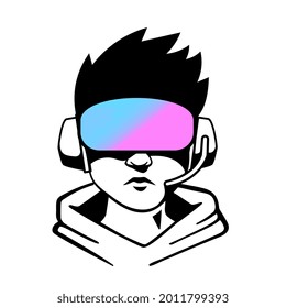 Vector logo man head with red and blue virtual reality helmet on white background. Line art flat style design of vr user avatar