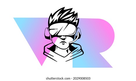 Vector Logo Man Head with Virtual Reality Helmet on White Background with Red and Blue Letter VR. Line Art Flat Style Design of VR User Avatar