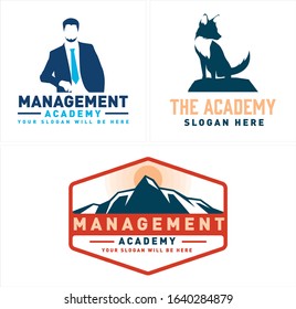 Vector logo with man wearing suit tie bearded dog fox and mountain badge design suitable for education business training academy management outdoor adventure pet shop animal