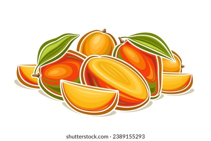 Vector logo for Mango, decorative horizontal poster with outline illustration of juicy mango composition with leaves, cartoon design fruity print with many chopped mango parts on white background