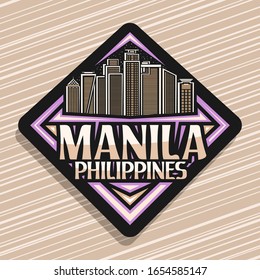 Vector logo for Manila, black rhombus sticker with outline illustration of famous manila city scape on evening sky background, design fridge magnet with creative letters for words manila, philippines.