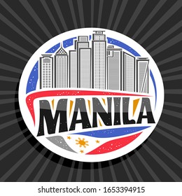 Vector logo for Manila, white decorative circle tag with illustration of contemporary manila city scape on sky background, art design tourist fridge magnet with creative letters for black text manila.
