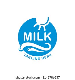 Vector logo for manufactorer or branding of dairy produce with milk splashes and udder in form of sun and sea waves