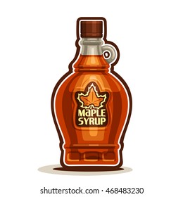 Vector logo Maple Syrup Bottle, cartoon cruet sweet maple nectar with cap, souvenir glass bottle canadian syrup with leaf on label, isolated on white background, vermont homemade dessert for breakfast