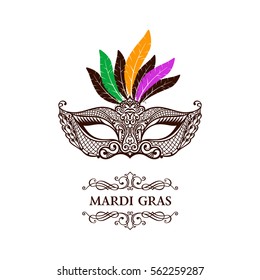 Máscara del logotipo vectorial de encaje. Fondo vectorial Mardi Gras. Mascarada blanca y negra. Carnaval veneciano. Patrón de lujo único de vintage