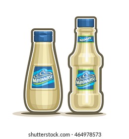 Vector logo Mayonnaise Bottles, plastic container with white pale mayo with blue cap, glass cartoon bottle with provencal sauce close-up on white background, jar mayonnaise french cuisine for salad.