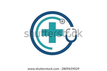 Vector logo with medical cross and stethoscope inside a circle for healthcare, clinic, hospital, pharmacy, doctor and medical services