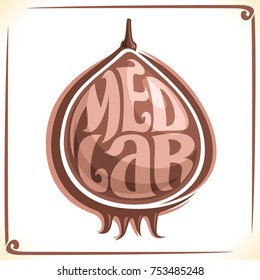 Vector logo for Medlar Fruit, label with one mespilus for package of fresh juice or ice cream, price tag with original font for word medlar inscribed in fruit shape, sticker for vegan grocery store.