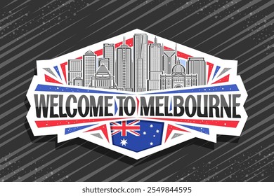 Vector logo for Melbourne, decorative cut paper badge with line illustration of urban melbourne city scape on day sky background, art design refrigerator magnet with black words welcome to melbourne