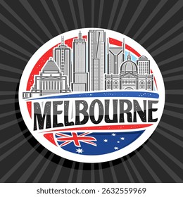 Logotipo vetorial para Melbourne, marca decorativa branca com ilustração de contorno de melbourne cidade paisagem no dia céu fundo, arte design refrigerador ímã com letras únicas para texto preto melbourne