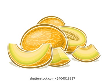 Vector logo for Melon, decorative horizontal poster with outline illustration of whole and sliced melon composition, cartoon design fruity print with chopped melon part with grains on white background