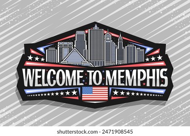 Logo de Vector para Memphis, etiqueta decorativa negra con ilustración de línea del paisaje urbano moderno de la ciudad de memphis en el fondo del cielo nocturno, imán del refrigerador del diseño del arte con las palabras bienvenidas a memphis