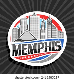 Logotipo de Vector para Memphis, etiqueta redonda decorativa blanca con ilustración de línea de paisaje de la ciudad de memphis en el fondo del cielo del día, imán de refrigerador de diseño de arte con letras únicas para texto negro memphis