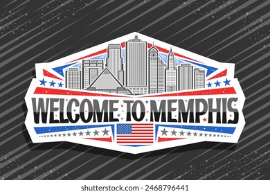 Logo de Vector para Memphis, etiqueta decorativa blanca con la ilustración de línea de la famosa escapada contemporánea de la ciudad de memphis en el fondo del cielo del día, imán del refrigerador del diseño del arte con las palabras negras bienvenidos a memphis