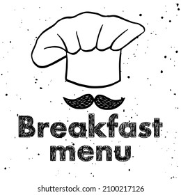 Vector logo for menu design. Chef's hat with moustache under it and words Breakfast menu. Vegan template for menu headlines, banners, ads
