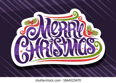 Vector logo for Merry Christmas, cut paper signage with swirly calligraphic font, red and green decorative flourishes and curls, unique brush lettering for words merry christmas on purple background.