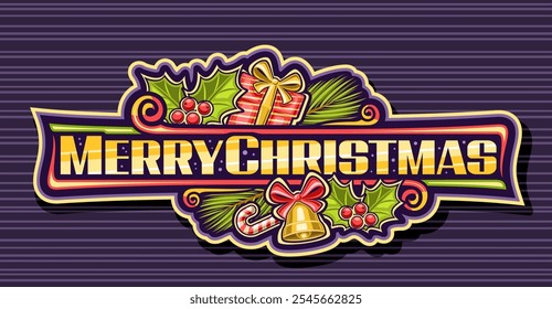 Vector logo for Merry Christmas, decorative label with cartoon design christmas decoration, horizontal badge with surprise present and golden bell with bow, wish merry christmas on purple background