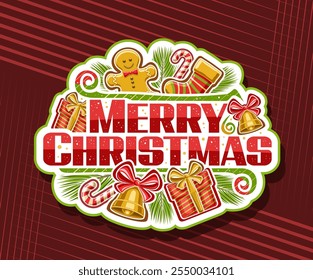 Vector logo for Merry Christmas, decorative label with cartoon design christmas symbols, white signage with illustration of surprises and golden bells, slogan merry christmas on burgundy background