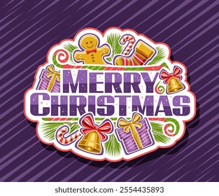 Vector logo for Merry Christmas, decorative label with cartoon design christmas symbols, white signage with illustration of xmas presents and golden bells, message merry christmas on blue background
