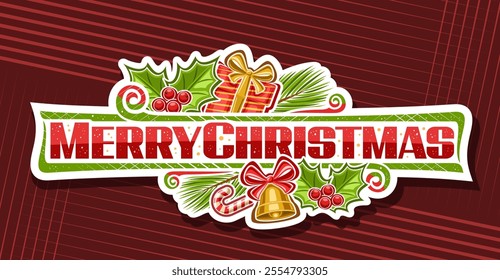 Vector logo for Merry Christmas, decorative invitation with cartoon design christmas decoration, horizontal badge with kids surprise and golden bell with bow, message merry christmas on red background