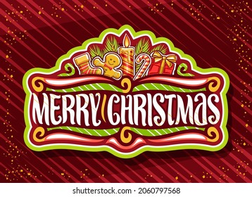 Vector logo for Merry Christmas holiday, green badge with kids sock, cute gingerbread man, festive burning candle, candy cane, cartoon design gift box and unique lettering for wish merry christmas.