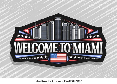 Vector logo for Miami, black decorative sticker with outline illustration of miami city scape on dusk sky background, art design tourist fridge magnet with unique lettering for words welcome to miami.