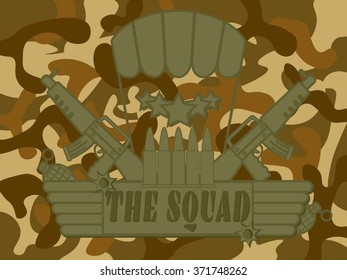 Vector Logo for military army create with the squad label rifle gun grenade bomb bullet parachute star and camouflage pattern in background