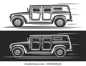 Logotipo del Vector para el vehículo militar, Anuncio Horizontal automotriz con la ilustración monocromática de la obra de arte del coche del concepto del ejército en movimiento, arte del Clip que corre el coche militar americano en fondo blanco y negro