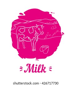 Vector logo for milk company of farm and cow. Hand drawing line on pink background