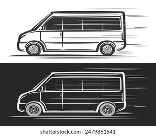 Vector logo for Minibus, horizontal automotive banners with simple contour illustration of line clip art monochrome minibus in moving, decorative running luxury minibus on black and white background