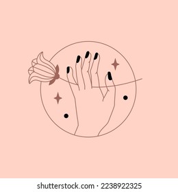 Vector logo in a minimalistic style. An emblem for a beauty salon, studio - a beautiful foreshortening of a hand with a flower - an idea for manicure and cosmetics for hand care.