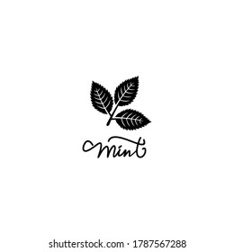 Vector logo with mint leaves and hand draw lettering "mint". Emblem for natural products, eco products, perfume, essential oils.