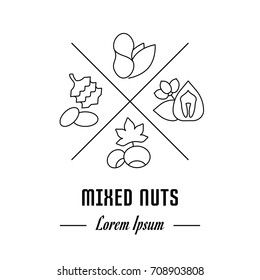 Vector logo mixed nuts. Emblem, label or banner for mixed nuts. Line sign with elements. Concept brand.