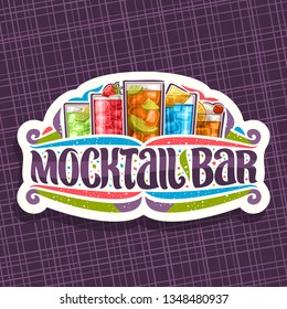 Vector logo for Mocktail Bar, white sign board with 5 non alcoholic drinks, original lettering for words mocktail bar, confetti and flourishes, soft cocktails with fresh berries for fun beach party.