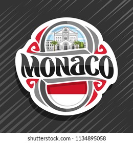 Vector logo for Monaco country, fridge magnet with monegasque state flag, original brush typeface for word monaco and national symbol - Saint Nicholas Cathedral in Monte Carlo on cloudy sky background