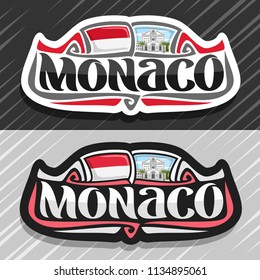 Vector logo for Monaco country, fridge magnet with monegasque state flag, original brush typeface for word monaco and national symbol - Saint Nicholas Cathedral in Monte Carlo on cloudy sky background