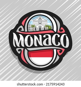 Logo vectorial para el país de Mónaco, imán de frigorífico con bandera del estado monegasco, tipo original de cepillo para el monaco de la palabra y símbolo nacional - Catedral de San Nicolás en Monte Carlo sobre fondo de cielo nublado