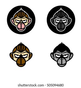 Vector logo monkey head. Monkey face in cartoon style. Set of images chimps head.