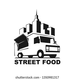 
Vector logo in monochrome style. Black and white illustration on the theme of private business. Family business. Food truck. Fast food, a car with food. Vegetable groceries. 
