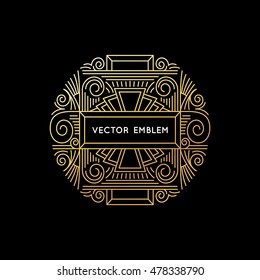 Vector logo and monogram design element in vintage linear style - abstract emblem for packaging design, greeting card or cover template