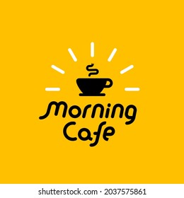 Cafetería con logotipo vectorial con café. Diseño de estilo de arte de línea con logotipo creativo en fondo amarillo