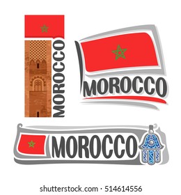 Vector logo Morocco, 3 isolated images: ancient landmark Hassan tower in Rabat on background national state flag, symbol kingdom of morocco architecture, moroccan ensign flags, hand of Fatima amulet.