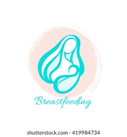 Vector logo with mother and child - breastfeeding emblem, sign, symbol. Beautiful line-art style illustration. For nursery, t-shirt design, logotype design. Isolated on white background.